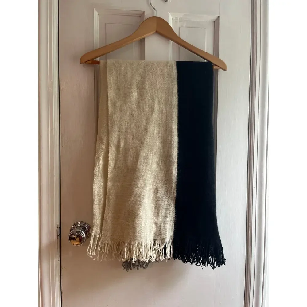 DONNI. Tri-Color Knit Fringe Scarf in Black, Gray & Cream, Cozy Fall Piece